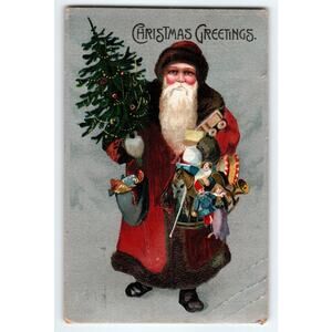 Vintage Santa Claus Christmas Greetings Postcard with Toys & Tree Old World